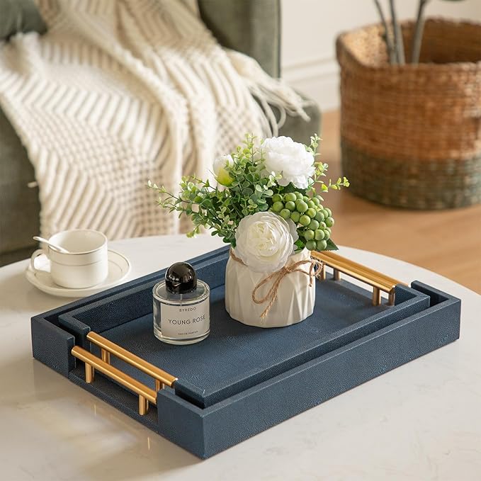 Modern Decorative Tray Set of 2, Blue Shagreen Leather Tray, Rectangle Serving Trays with Gold Polished Metal Handles, Ottoman Trays Coffee Table Perfume Kitchen Home Decor