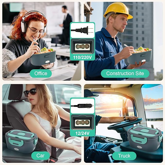 Electric Lunch Box Food Heater for Adults, 80W Fast Heated Lunchbox for Men with Dual Containers and Lids, 1.5L Portable Food Warmer Heating Lunch Box for Work Car Truck Office, 110V/12V/24V-Green