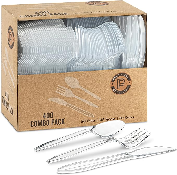 PLASTICPRO 400 Pack Disposable Plastic Utensils Assorted Colored Cutlery Combo Set Forks Spoons Knives Silverware, Clear Plastic Cutlery for Parties
