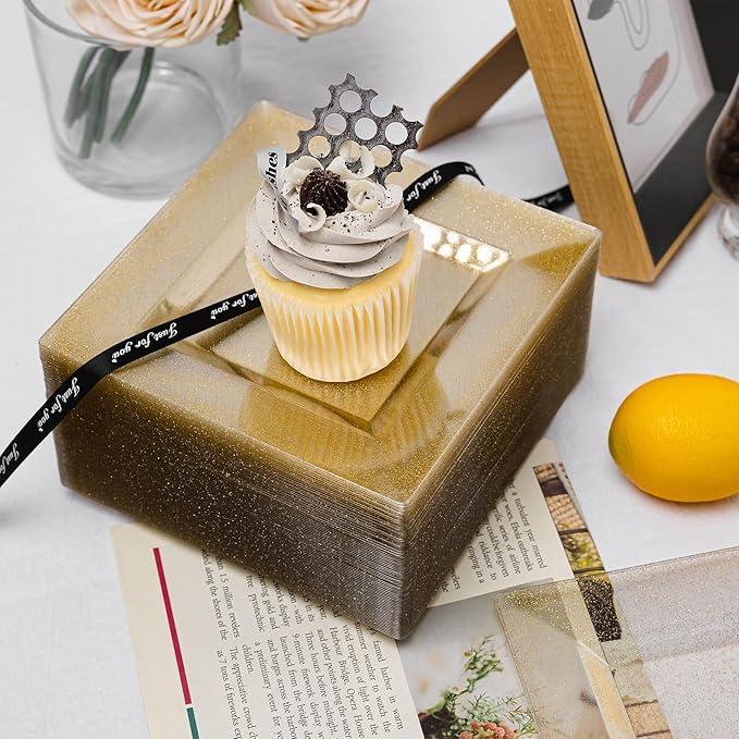 N9R 70 PCS Gold Glitter Plastic Plates, 6.5 Inch Gold Dessert Plates Disposable, Premiun Appetizer Square Plate for Party, Wedding and Birthday