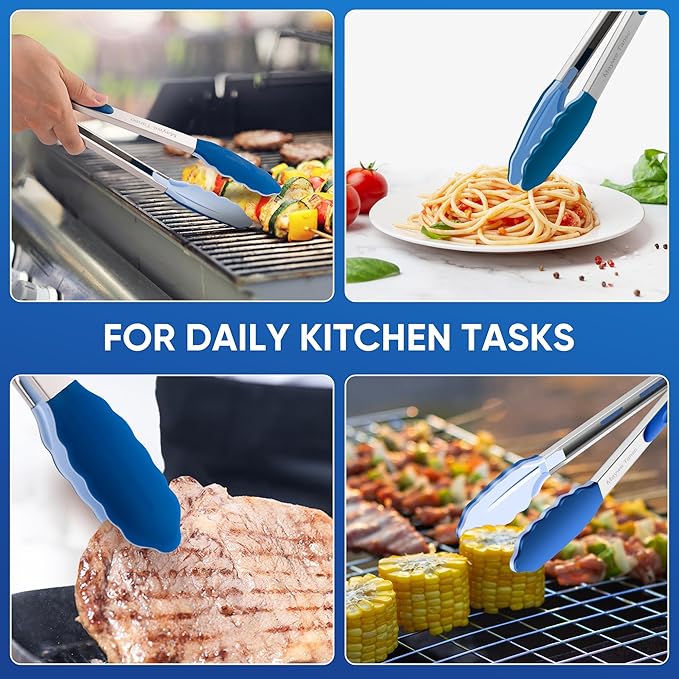 600℉ Heat Resistant Kitchen Tongs for Cooking with Silicone Tips,12-Inch Stainless Steel Locking Cooking Tongs Food Tongs for BBQ,Cooking,Salad and Serving Food,Heavy Duty,Non-Stick (Classic Blue)