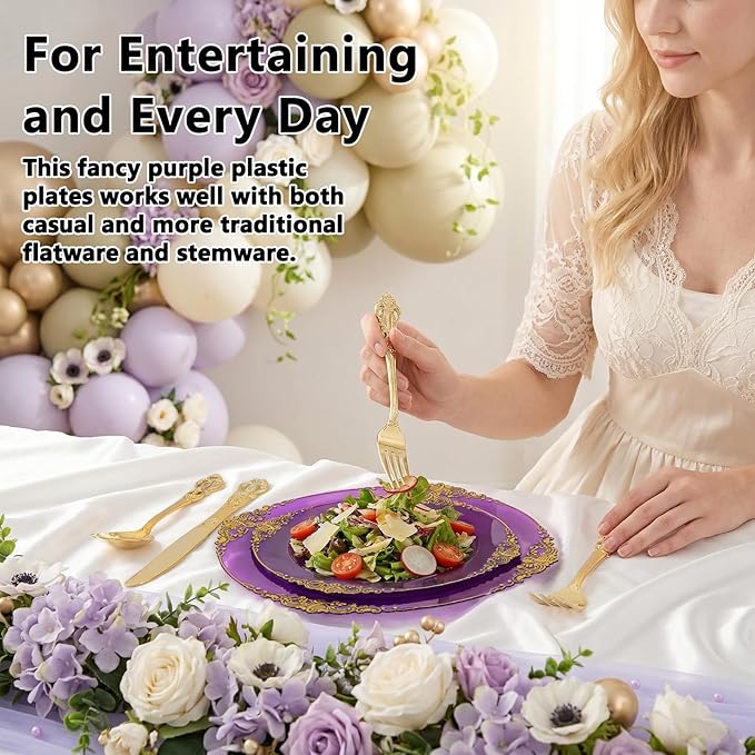 102PCS Purple and Gold Plastic Plates - High End Purple Disposable Plate Easter - Vintage Dinner & Dessert Plates for 51 Guests Birthday Easter Party Wedding