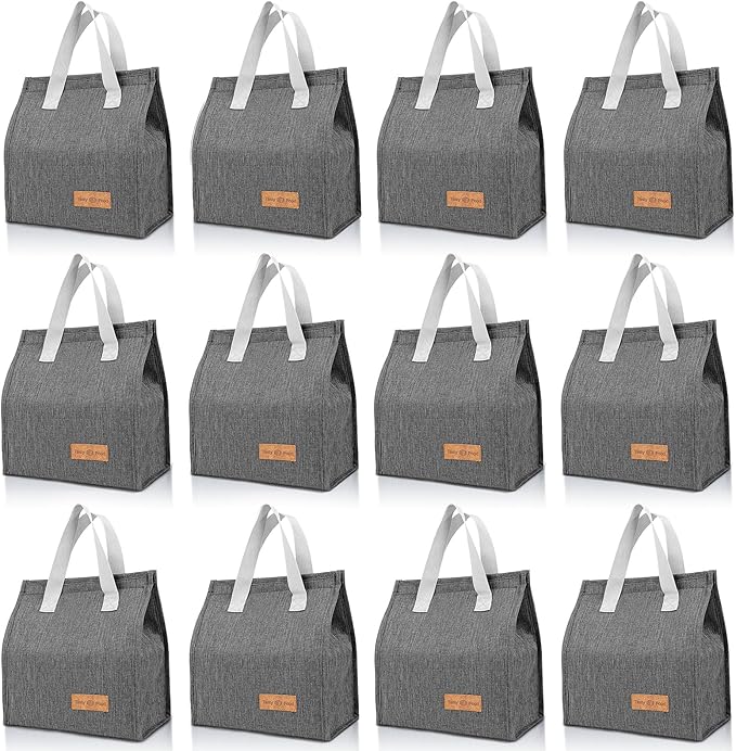 12 Pack Lunch Bags Bulk,Insulated Reusable Lunch Bags with Aluminum for Women Men,Leakproof Tote Large Lunch Box for Office,Work,Beach or Travel(Grey)