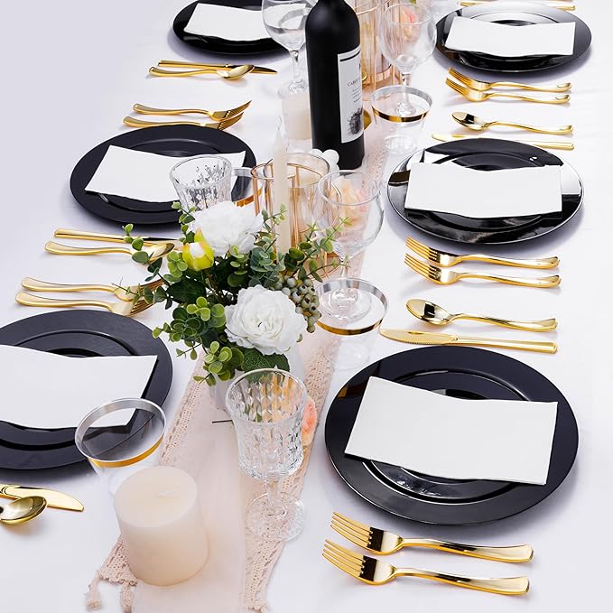50PCS Plastic Plates for 25 Guests - 25 Dinner (10.25 inch) and 25 Dessert (7.5 inch) Black Disposable Plates for Party, Wedding and Dinner