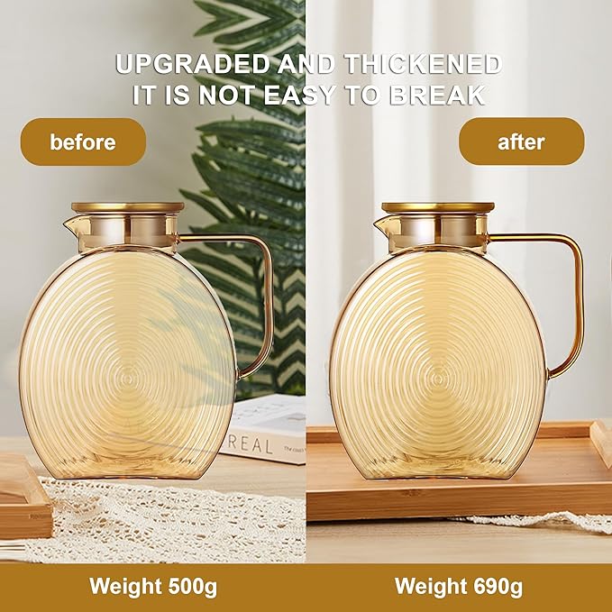 77oz Glass Water Pitcher with Gold Lid - 2.2L Large Capacity Jug with Wide Handle for Fridge, Iced Tea, Lemonade, Juice & Coffee