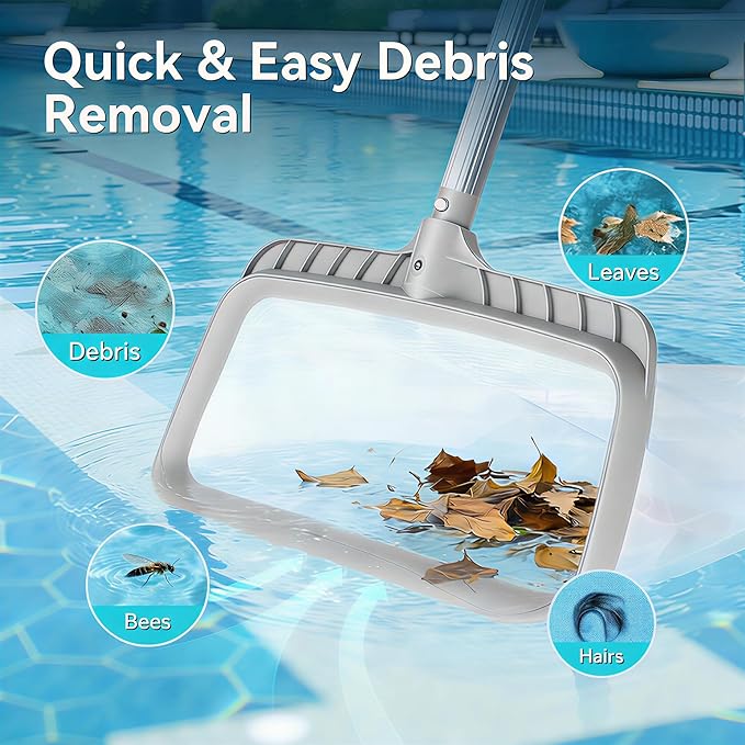Professional Pool Skimmer Net, Heavy Duty Gray Frame with 15.5" Deep Fine Mesh Bag for Leaves, Twigs & Floating Debris, Reinforced Leaf Rake for Inground and Above Ground Pools (No Pole)