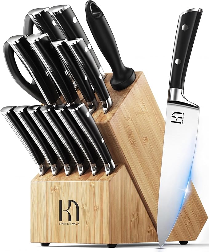 Knife Set 15 Pcs Kitchen Knife Block Set, Enduring Razor-Sharp High Carbon Stainless Steel Knife Set with Block and Sharpener, Premium Knives Set for Kitchen, Natural Bamboo Valentine's Gift