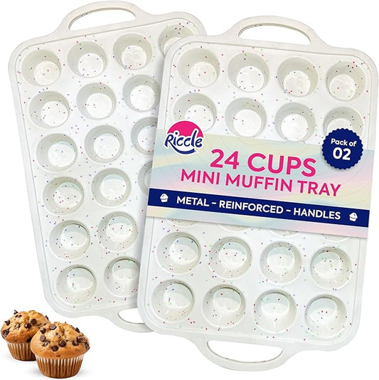 RICCLE 2 Pack Silicone Mini Muffin Pans for Baking with Metal Reinforced Frame, 24-Cup Mini Muffin Pan, Mini Cupcake Pans, Silicone Muffin Pan for Baking Egg Bites - Oven & Dishwasher Safe, BPA-Free