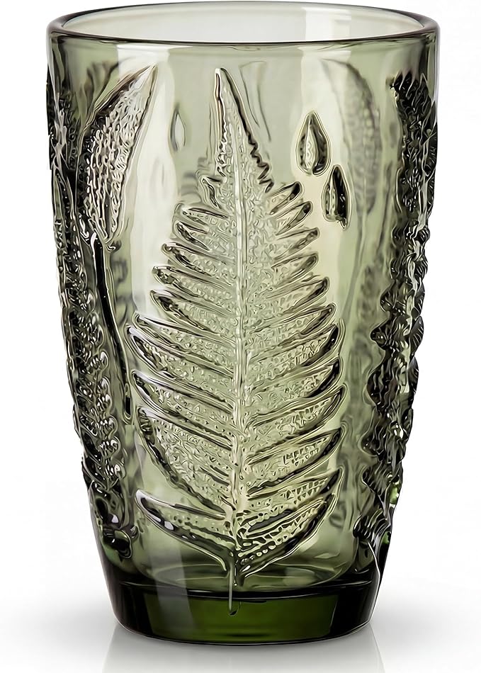 Vintage Green Drinking Glass, 12 oz Hand-Pressed Deep Textured Glass Cup, Fern Embossed Retro Glassware, Decorative Tumbler for Water, Cocktails & Juice, Boho Colored Kitchen Drinkware, Unique Gift