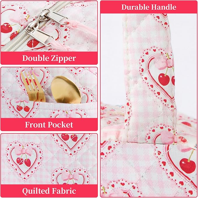 Quilted Lunch Box for Women,Coquette Aesthetic Lunch Box for Teen Girls,Cute Cherry Lunch Bags for Work, School,Office,Picnic,Travel (Cherry Plaid Heart)