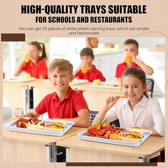 20 Pcs Plastic Serving Trays Bulk Plastic Serving Platters Reusable Rectangle Food Tray Stackable Party Trays for Dinner Snack Dessert in School Cafeteria(White,16 X 11)