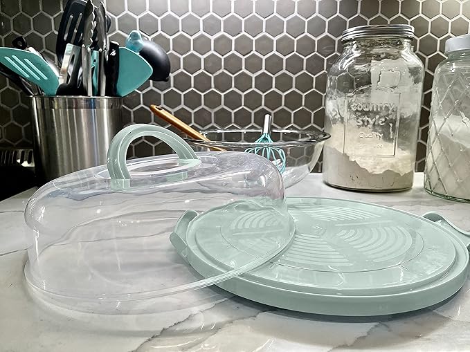 Pie, Cheesecake Carrier for up to 11 in x 3 in cake. Two Sided Fashionable Stand Doubles as Five Section Serving Tray Perfect Taker Caddie for Travel