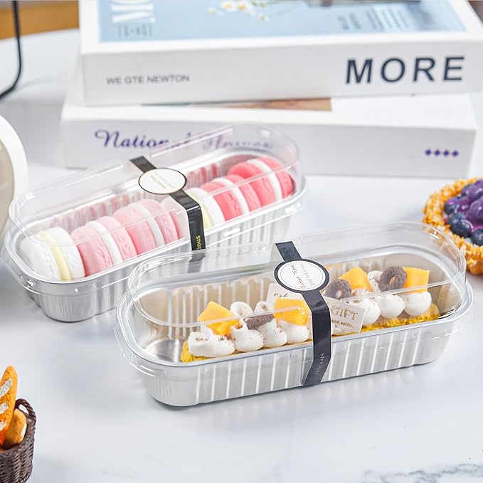 Mini loaf pans with lids Rectangle Aluminum Foil Cake Tins Baking Pans for Wedding Birthday Party 6.8oz(Silver, 50Pack)