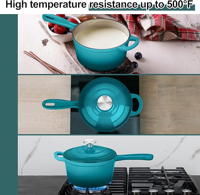 Enameled Cast Iron Sauce Pan with Lid, Leonyo 2 Quart Saucepan with Lid, Enamel Cast Iron Pot Dutch Oven Kitchen Cookware for All Cooktops Cooking Soup, Milk - Up to 500°F & 6.7Lbs, Lake Green