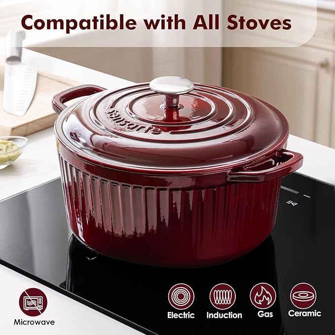 SENSARTE Enameled Cast Iron Dutch Oven Pot with Lid 5.5 Quart Heavy-Duty Round Dual Handles Kitchen Pot with Cotton Potholders & Silicone Trivet, Pot for Bread Baking, Stews, Braising, Roasting, Oven Safe up to 500°F, Red
