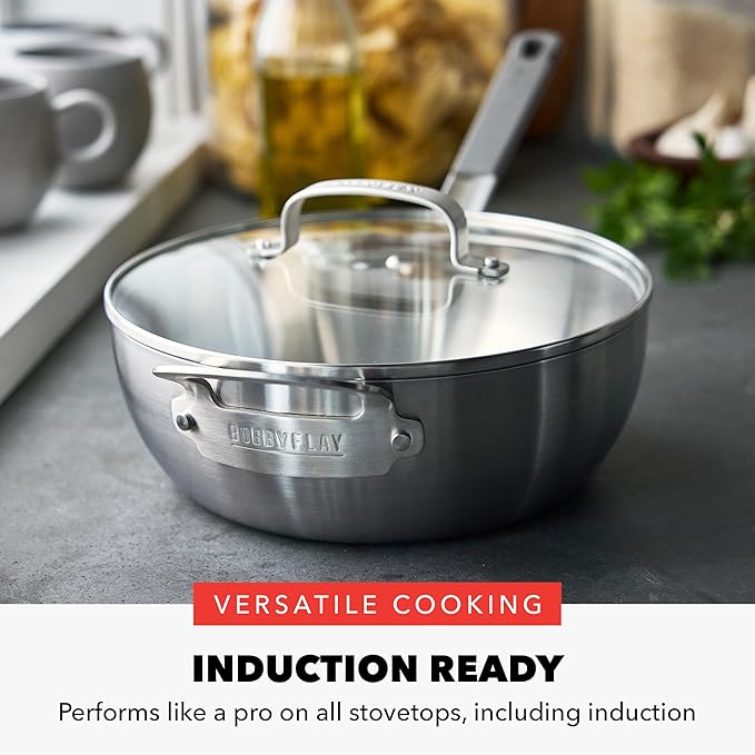 GreenPan x Bobby Flay Stainless Steel 3.75QT Saucepan & Glass Lid, Professional Grade Tri-Ply Chefs Pan, Multiclad, Induction Suitable, Dishwasher & Oven Safe, Stay Cool Silicone Handle,Chip Free Rims