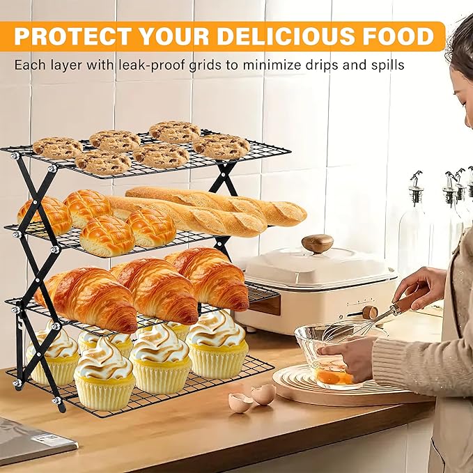 4 Tier Collapsible Cooling Rack, 3 Adjustable Setting Design Wire Baking Rack Stackable Cookies Bread Cooling Racks for Cooking and Baking, Roasting, Drying, Bakers