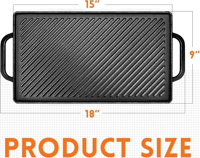 GGC Cast Iron Reversible Griddle, Double-sided Griddle Pan for Indoor and Outdoor Cooking, 15 x 9 Griddle Plate with Flat and Ribbed Side for Stove Tops, Gas Grills and Camping