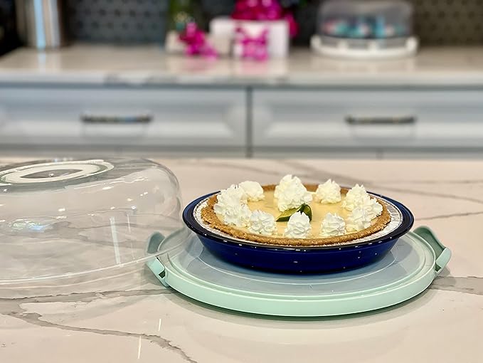 Pie, Cheesecake Carrier for up to 11 in x 3 in cake. Two Sided Fashionable Stand Doubles as Five Section Serving Tray Perfect Taker Caddie for Travel