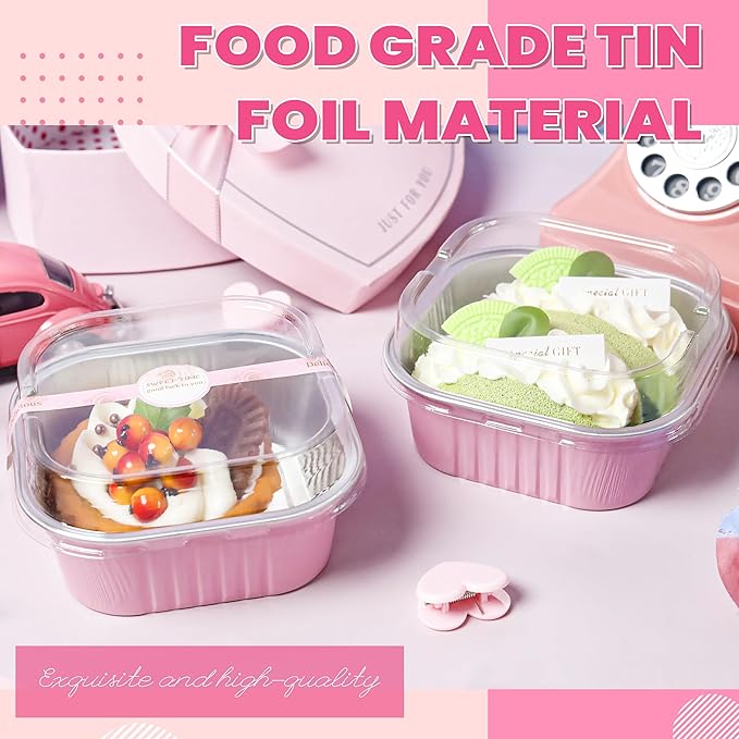 60 pack Mini Cake Pans with Lids Foil Pans Square Aluminum Pans with Lids Cupcake Liners for Birthday Wedding Party Gift (Pink, 10 oz)