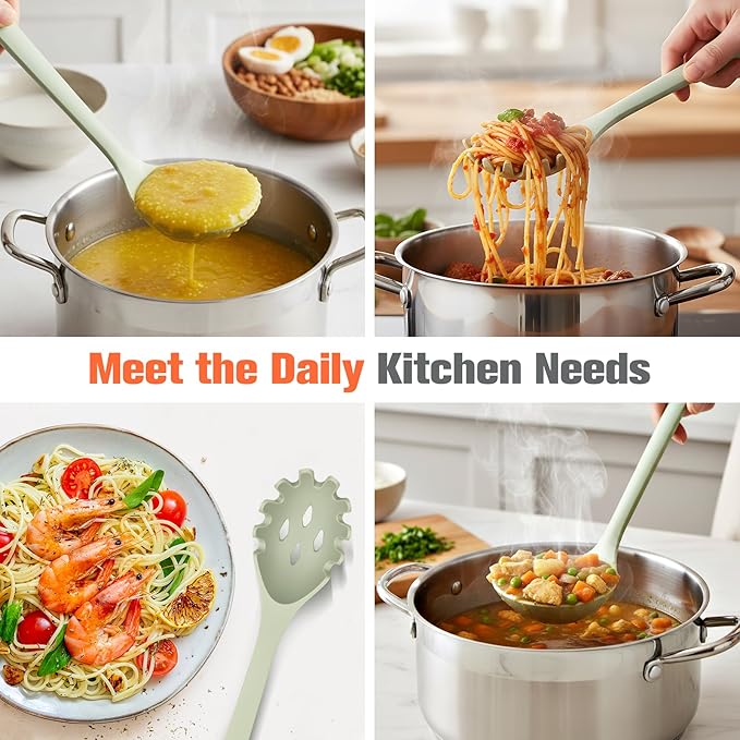 Silicone Spaghetti Spoon&Soup Ladle Cooking Utensils Set of 2,No Scratch for Nonstick Cookware,BPA Free, 450℉Heat Resistant (Green)