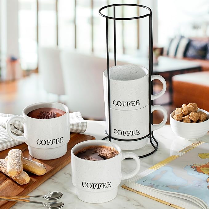 Signature Housewares Stackable Coffee Mug Tower Set with Metal Wire Rack - 15 Ounce for Tea, Cocoa, Milk, Cappuccino, Hot Chocolate Set of 4 - White Coffee (Pack of 4)