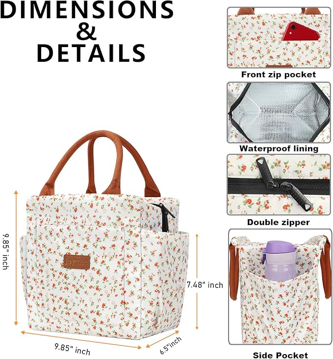 Joymee Lunch Bag Women Insulated Lunch Box Reusable Leakproof Large Spacious Cooler Tote for Women Men Adult with Bottle Holder and Side Pockets for Work Office Travel Picnic -Red Floral