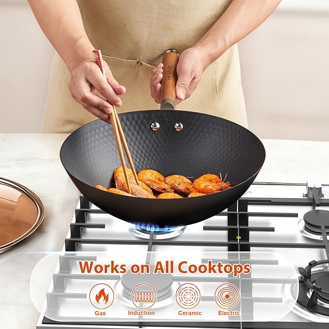 WANGYUANJI Carbon Steel Wok Pan with Lid (12.6"), Ultra-Lightweight 2.9lb Stir Fry Pan for Electric, Induction & Gas Stoves, Pre-Seasoned Flat Bottom Iron Skillet with Spatula, No Chemical Coating