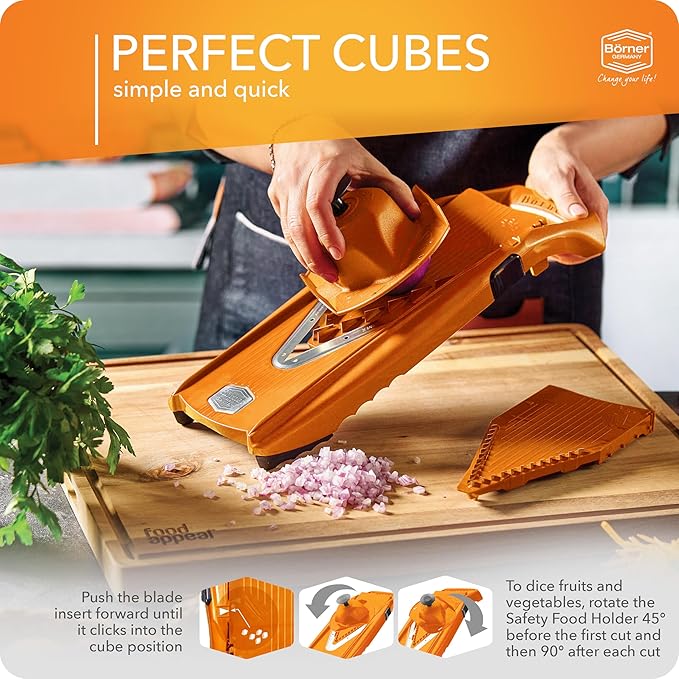 Mandoline Food Slicer Börner V5 (Profi Set) by Reston Lloyd • V-Slicer with 4 Inserts, Docking Station & Food Holder • Made in Germany • Fruit & Vegetable Chopper • Multiple Settings • Color: Orange