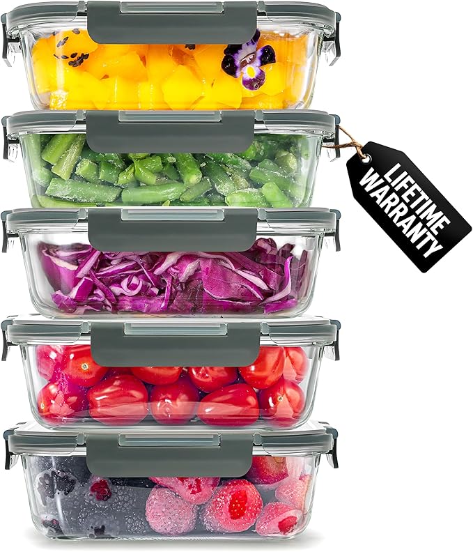 Zulay Kitchen 5 Piece Large 36oz Glass Tupperware Container Set with Lids - Premium BPA Free Borosilicate Glass Food Storage Containers - Leak-Proof Meal Prep - Microwave, Freezer & Oven Safe - Gray