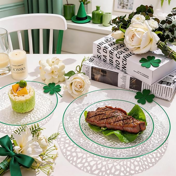 Rubtlamp 60Pcs Easter Plastic Plates Plates, Clear Plastic Disposable Plates With Green Rim, Green Heavy Duty Fancy Hammered Party Plate Include 30 Dinner Platos,30 Salad Platos for Party Spring