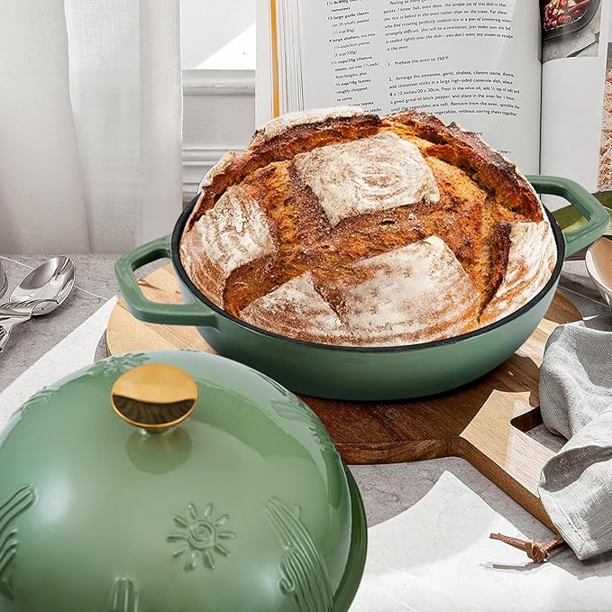 Cast Iron Bread Oven With Cloche Lid for Baking - Blue Enameled Dutch Oven With Dome Lid for Sourdough - 5 qt