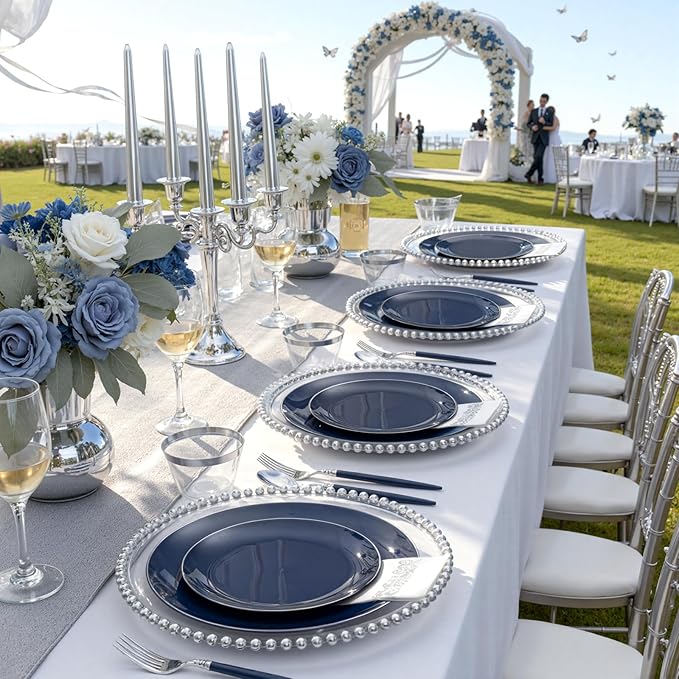 KIRE 175Pcs Blue Plastic Plates with Silver Rim & Disposable Silverware with Blue Handle & Silver-rim Cups & Hand Napkin & Plastic Dinnerware for Parties/Wedding/Passover