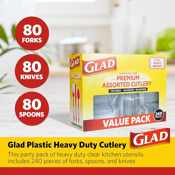 Glad Clear Disposable Cutlery Set with Heavy Duty Plastic Forks, Knives, and Spoons, Reusable Dishwasher Safe Plastic Utensils for Parties and Everyday Use, 240 Count