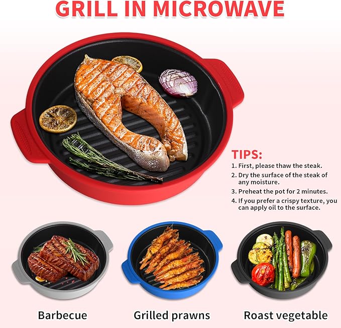 GLOU-GLOU GOOSE GGG Microwave Grill Pan, Fry Griddle Crisper Pan with Lid for Grilling Browning and Crisping Foods Microwave Silicone Cookware for Meat Sandwich Vegetable Light Grey