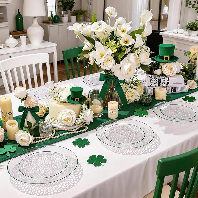 Rubtlamp 60Pcs Easter Plastic Plates Plates, Clear Plastic Disposable Plates With Green Rim, Green Heavy Duty Fancy Hammered Party Plate Include 30 Dinner Platos,30 Salad Platos for Party Spring