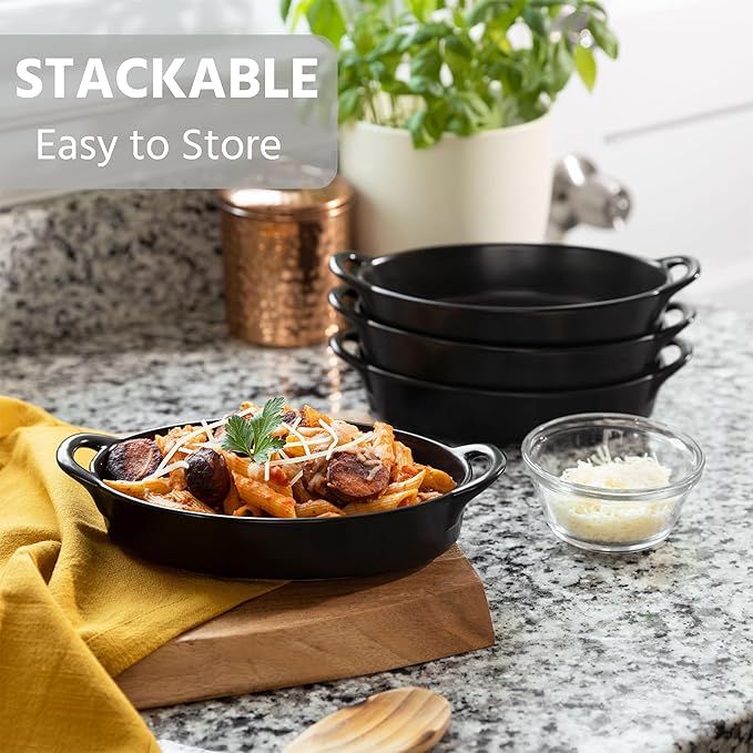 Oval Au Gratin Baking Dishes for Oven Safe and Microwave Cooking and Baking, 4 Pc. Set, Heat Resistant Ceramic with Handles for Serving, Small Mini Casserole Dish, 8" x 5", 16 oz, Matte Black