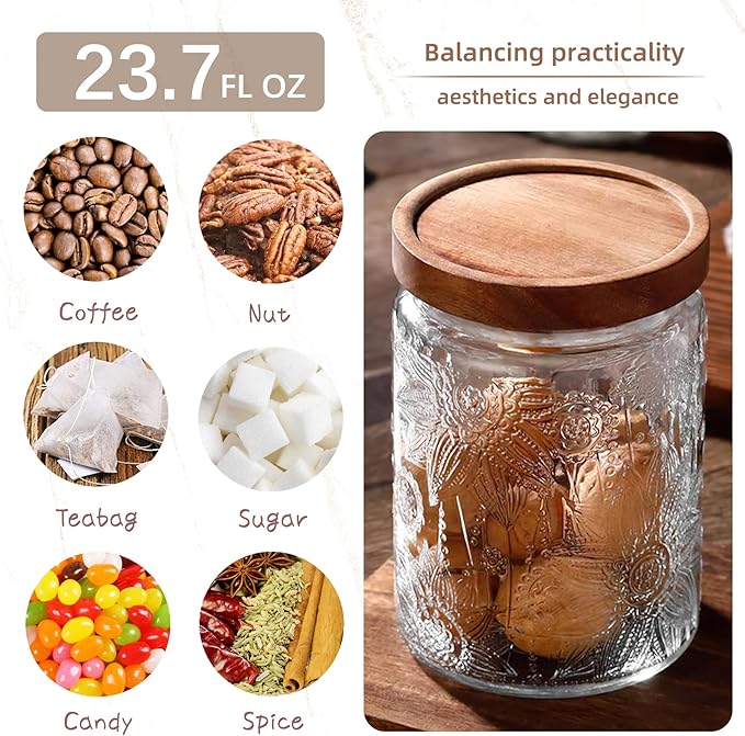 23.7 fl oz Vintage Glass Jar with Wooden Lid, Airtight Decorative Food Storage Canisters for Kitchen Counter & Pantry, Ideal for Candy, Sugar, Coffee,salt, Tea, Cereal, Flour, Oats