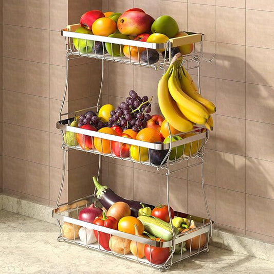 2 Tier Large Fruit Basket for Kitchen Counter with 2 Mobile Banana Hangers, 2026 Pro Detachable Metal Fruit Bowl with Wooden Handle (Silver, 3 Tier)