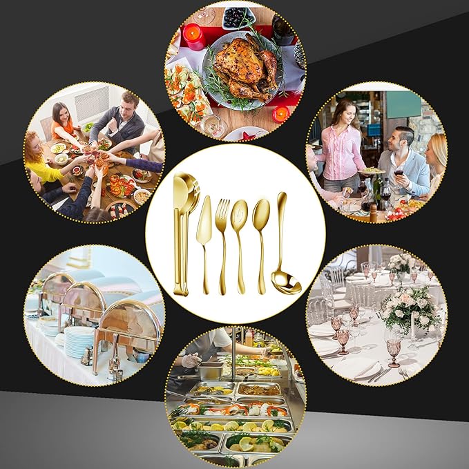 Thenshop 30 Pcs Stainless Steel Serving Utensils Set Flatware Set Include Large Serving Spoons Slotted Spoons Forks Soup Ladle Pie Server and Tongs for Buffet Party(Gold)