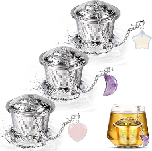 3 Sets Tea Infusers Steeper for Loose Leaf Tea Holder Stainless Steel Tea Ball Mesh Strainer Filters with Drip Trays and Pendant(Elegant Style)