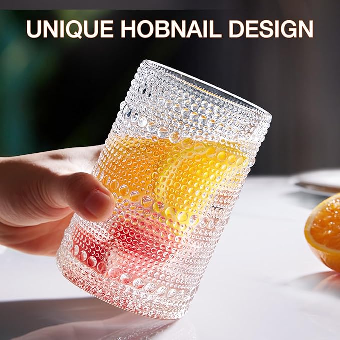 Hobnail Drinking Glasses Set of 8, 4pcs 15oz Highball Glasses & 4pcs 12oz Clear Glass Cups,Kitchen Bar Vintage Embossed Glassware Sets for Whiskey,Cocktail,mocktails,Wine, Water & Juice Drinkware