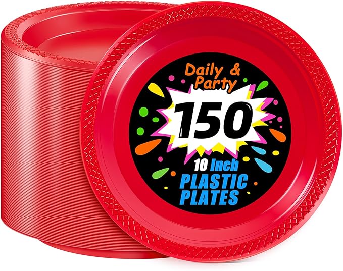 WELLIFE Red Party Plates 10 Inch -150 Count, Plastic Disposable Plates for Valentine's Day Dinner Party Easter Mother's Day
