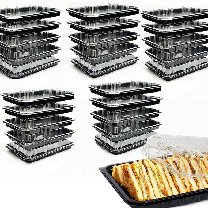 TRAYA Pack of 25 Serving Tray with lid - Reusable Catering Trays with Lids 13'' Long for Meal Prep, Cakes, Treats and Sandwiches (13 * 2.7 * 9.4inch)