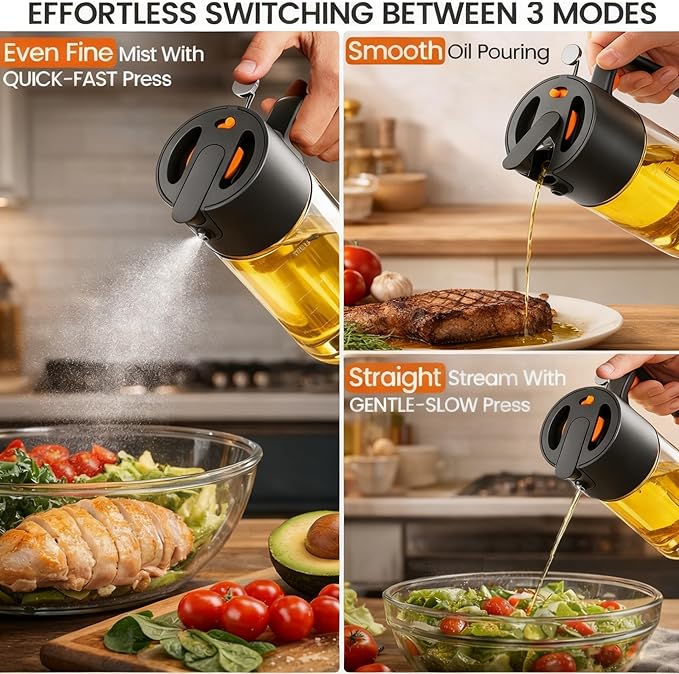 Professional 500ml Glass Oil Sprayer - 3-in-1 Kitchen Tool: Fine Mist, Stream & Pour | Leak-Proof Design for Air Fryer, BBQ & Cooking | BPA-Free