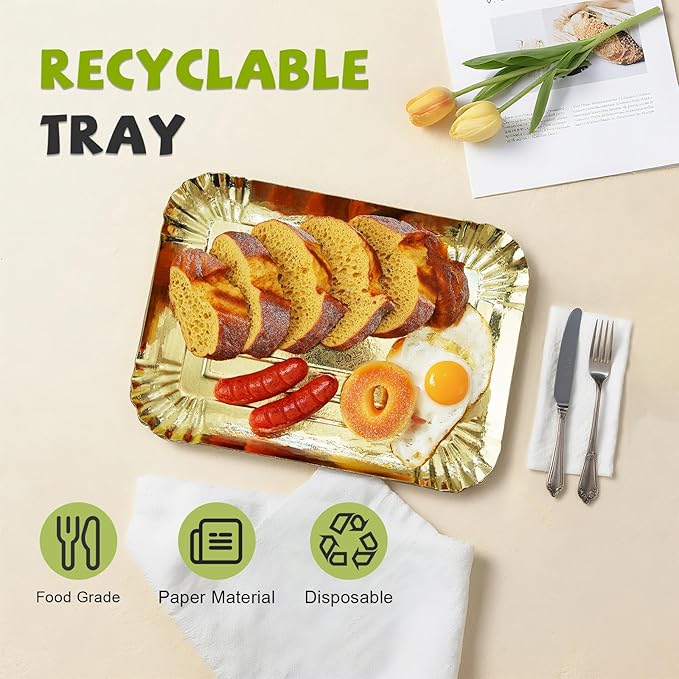10 PCS Gold Rectangle Trays, Heavy Duty Disposable Paper Cardboard for Platters, for Elegant Dessert Table Serving Parties, Cupcake Display, Birthday Party, Christmas, Weddings