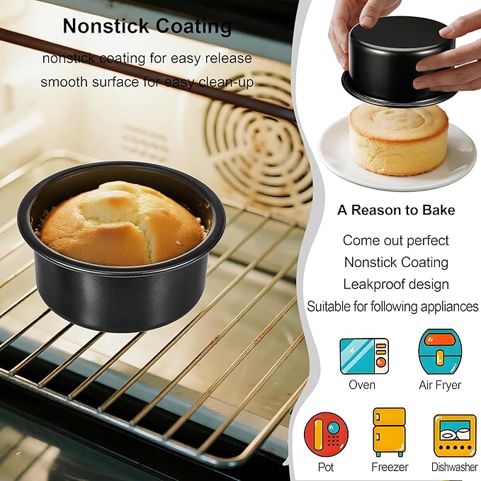 4-Inch & 6-Inch Cake Pan Set, Set of 2, Round Baking Pan, Carbon Steel Birthday Wedding Metal Layer Cake Pans, Non Toxic Coating, Straight Side, Easy Clean Easy Release, 2 Inch Deep