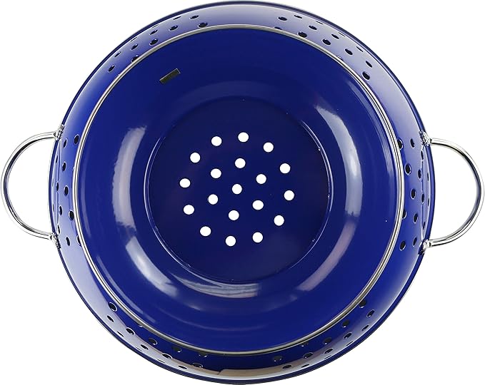 Reston Lloyd Calypso Basics Extra Large Enameled Colander with Solid Base, Strainer Basket with Handles, for Pasta, Berries, Vegetables, Fruit, Indigo, 7 Quart (224oz/ 6.6 L)
