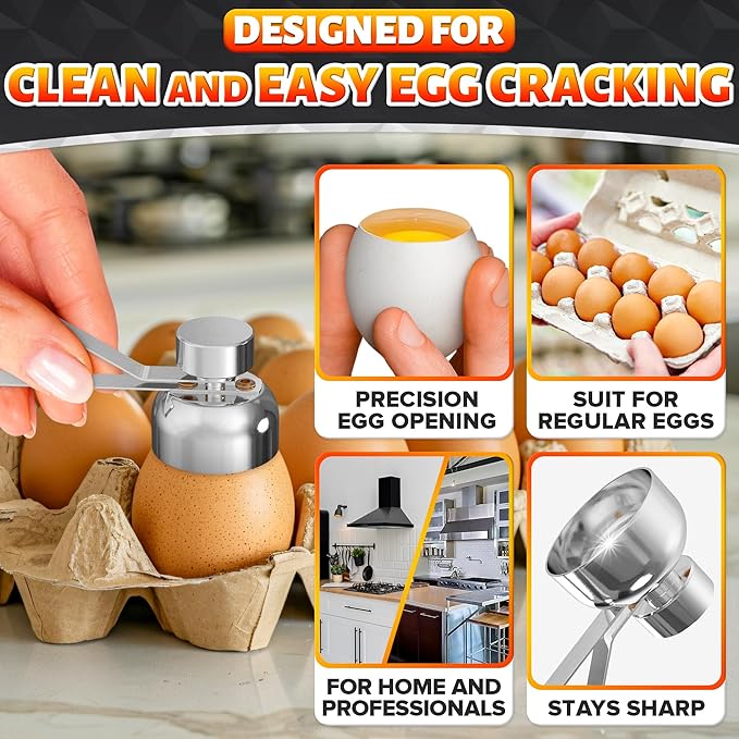 Egg Cracker Tool for Raw Eggs - Egg Shell Opener for Soft-Boiled Shell Tops, Stainless Steel Topper with Adjustable Effort - Clean Cut Design for Breakfast Prep, Custards, Baking & Home Kitchen Tasks