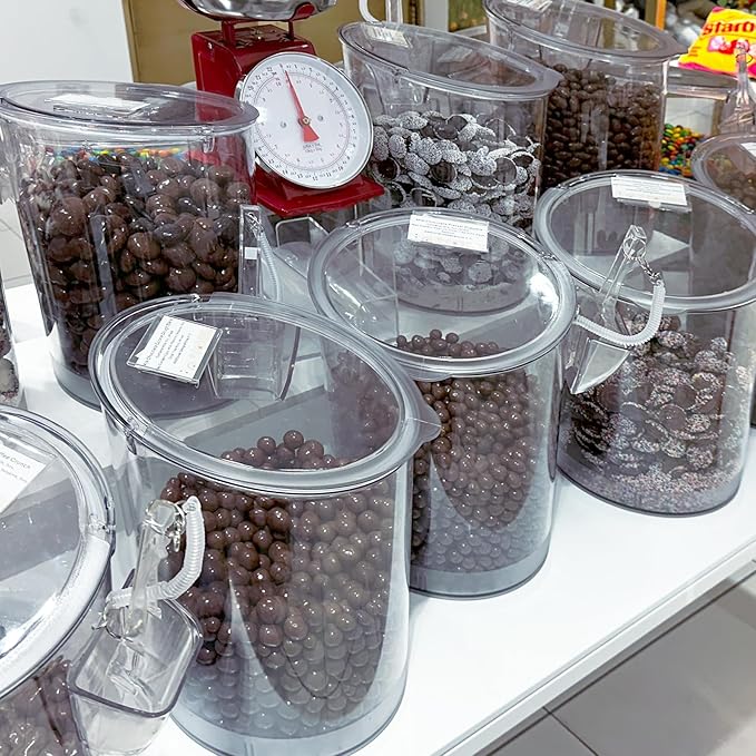 Azar Displays 400421 Clear Acrylic Candy Bin with Scooper – 2.5 Gallon (9.47L) Commercial Grade Bulk Food Storage Container, Large Airtight Snack Bin for Candy, Cereal, Coffee, Retail & Kitchen Use